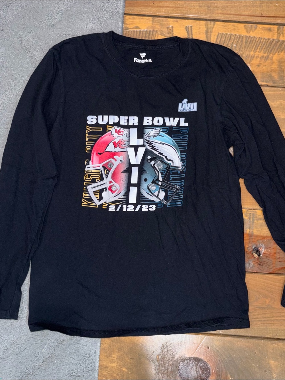 Super Bowl 57 Fanatics Black Tee with White Logo Kansas City Philadelphia Eagles